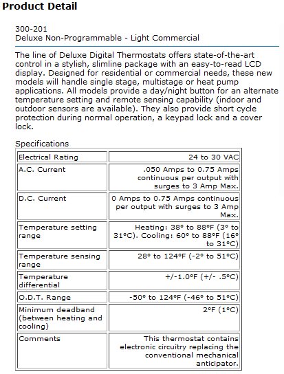300-201 Digital thermostat 1heat 1cool detail Robertshaw